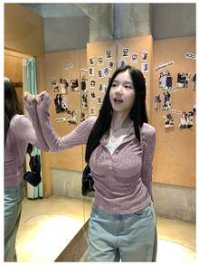 纽扣细节休闲蕾丝褶饰二合一拉绒T恤上衣