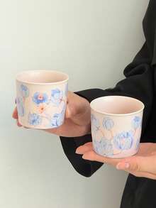 1pc Retro Minimalist Ceramic Coffee Cup & Saucer, Pink Matcha Cup, Coffee Latte Art Wooden Holder, Drinking Cup, Tea Cup, Coffee Cup