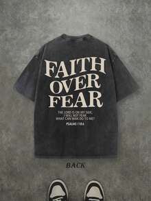 Retro Washed T-Shirt Double Sided Printed (230 Pure Cotton T-Shirt) 'FAITH OVER FEAR'  Letter Print, Mens TShirt, Mens Shirt Casual, Comfortable, Fashionable T-Shirt, Street Style Cotton 004-AB - 黑色 - 查看 2