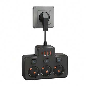 EU Standard Wall Mounted Power Socket With 3 AC Outlets, 3 USB Ports And 1 Type-C Port, 2500W, Individual Switch Control, Black/White, Flexible Short Cord Design, Anti-Bending, Suitable For Various Compact Environments, Widely Spaced Outlets To Avoid Tangling