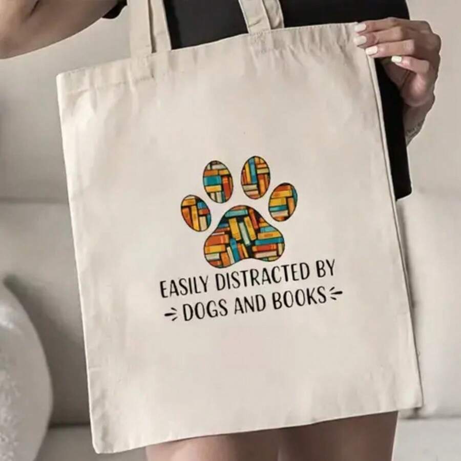 Tote Bag - Natural Color - Dog Paw Print And Easily Distracted By Dogs And Books - Everyday Use - As Shown - View 1