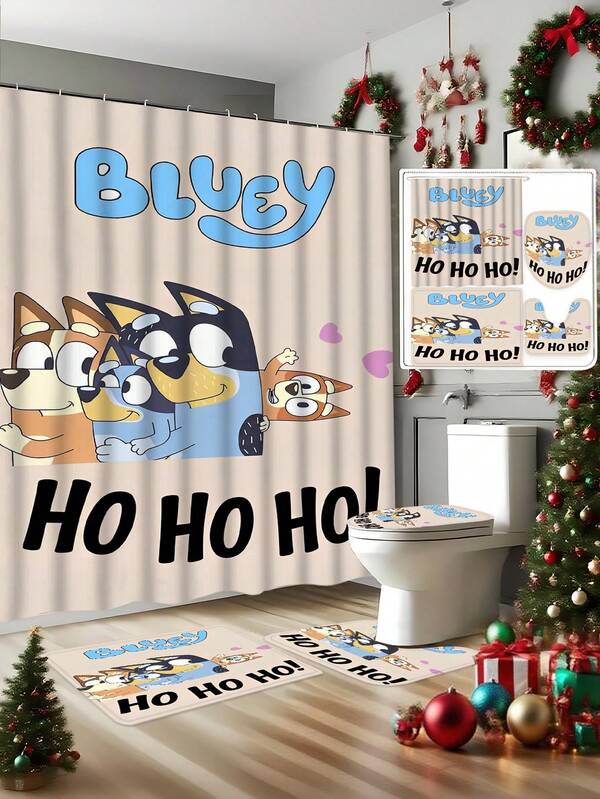 Bluey [Christmas Bluey Shower Curtain Window Curtain Shower Set] 1/3/4 Pcs Christmas Bluey Family And Friends Holiday Pattern Printed Shower Curtain Set, Modern Design Suitable For All Seasons, Waterproof Polyester Hooks And Lining, Flannel Material Soft Surface, Absorbent Anti-Slip Bathroom Mat, Bathroom Set Includes U-Shaped Mat, Toilet Mat, Anti-Slip Bathroom Mat And Bathroom Accessories, Home Decor, Holiday Decor, Christmas Gift, Daily Decor, Gift