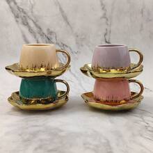 2pcs Ceramic Coffee Cup & Saucer Set, Macaron Colors Electroplated Silver/Gold/White/Black, 90ml Capacity, Couples Gift, Home/Party Use For Coffee, Tea, Water