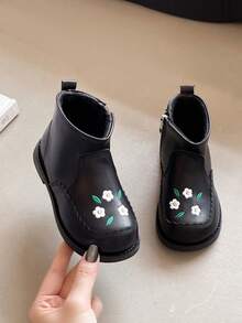 Children's Boots With Thermal Lining, Warm Short Boots, Autumn/Winter New Cute Embroidered Girls Boots, Girls Side Zipper Leather Boots