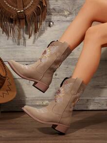 Botas Ocidentais Femininas Novas, Botas Caubói de Couro Clássicas com Bordado, Bico Quadrado, Salto Grosso, Cano Médio, Estilo de Férias, Adequado para Uso Externo, Todas as Estações