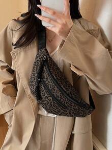 Damen Mode Leoparden Muster Winter Schräge Schulter Hüfttasche, gewebter Reißverschluss Lässig Hüfttasche, Outdoor Sport Crossbody Brusttasche - Kaffeebraun - Übersicht 4