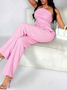 Mujer elegante conjunto de tela acanalada holgado escote halter sin mangas primavera verano casual pantalón - rosa2 - Ver 3