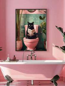 1pc Bathroom Black Cat Poster Wall Art Abstract Cat Reading Newspaper While Using The Bathroom Modern Botanical Style Painting Colorful Canvas Print Decor Suitable For Living Room Or Bedroom Wall Arts, Posters, Wall Art With Frame Room Arrangement, Wall Art, Room Decor Aesthetics Retro Decor, Living Room Wall Art -Canvas (Optional Frame)