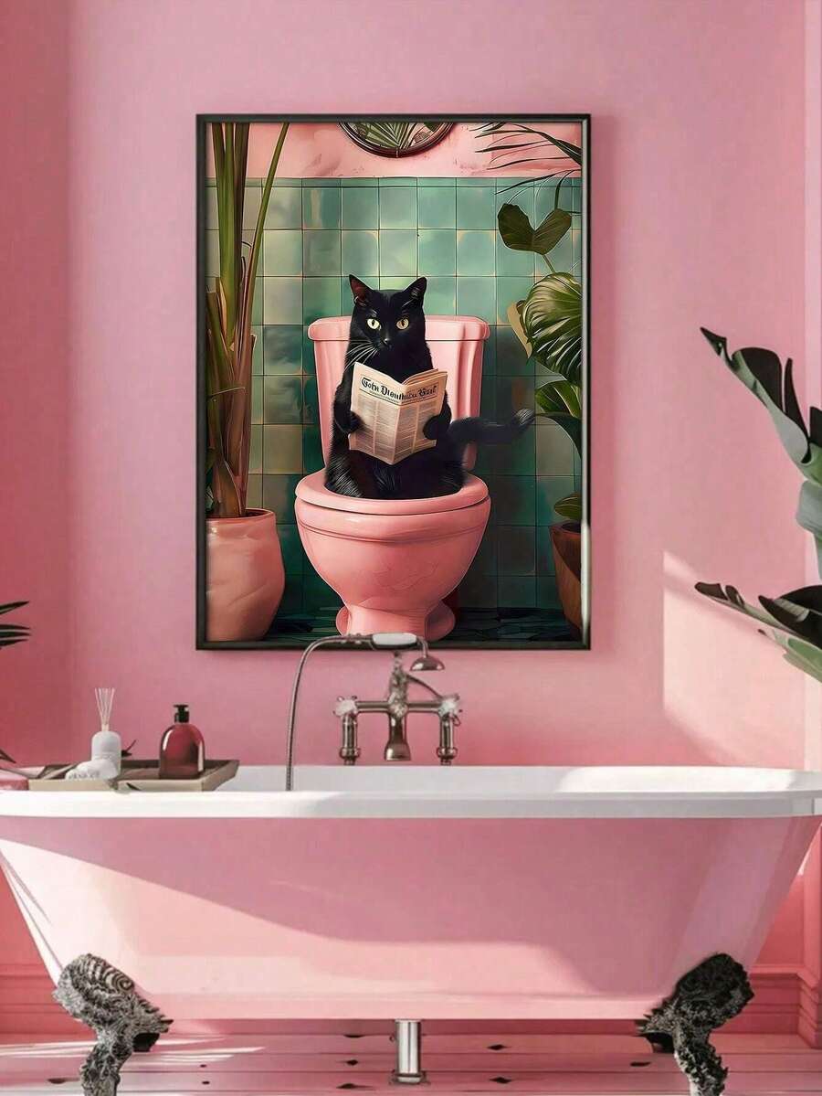 1pc Bathroom Black Cat Poster Wall Art Abstract Cat Reading Newspaper While Using The Bathroom Modern Botanical Style Painting Colorful Canvas Print Decor Suitable For Living Room Or Bedroom Wall Arts, Posters, Wall Art With Frame Room Arrangement, Wall Art, Room Decor Aesthetics Retro Decor, Living Room Wall Art -Canvas (Optional Frame)