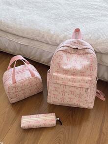 Bộ 3 balo nơ, kiểu dáng nữ tính; balo học sinh kiểu Hàn Quốc bằng vải nhung kẻ; balo - Hồng - Xem 5