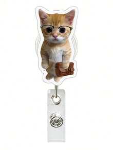 1pc Acrylic Retractable Cat Emoticon Badge Reel, Rotatable ID Card Holder Keychain Clip For Doctor/Nurse,School Supplies,Back To School