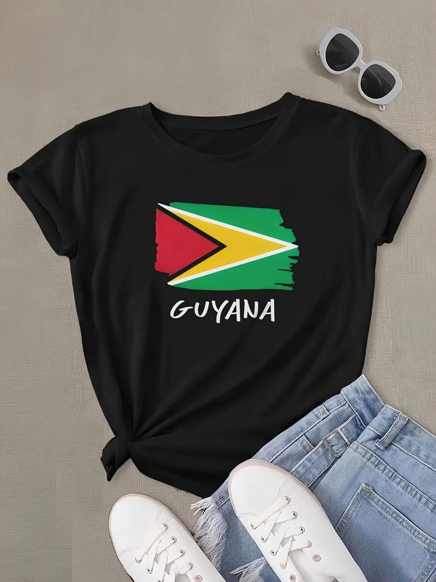 Women's Black T-Shirt With Guyana Flag Design - Tropical Graphic Tee In Red, Green, Yellow | Soft Breathable Cotton Top For Caribbean Casual Outfits, Everyday Streetwear & Cultural Events | Machine Washable, Vacation Style, Short Sleeve, Comfortable Material, Printed Shirt, Summer Wardrobe - 黑色 - 查看 1