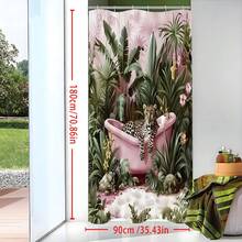 1pc Original Design Pink Bathtub With Leopard Pattern Waterproof Shower Curtain Flowers Leaves Leopard Printed Shower Curtain Tropical Animal Decorative Bath Curtain ,Waterproof And Mildew Resistant, Machine Washable, Made Of Polyester, Non-Light-Blocking, Lightweight And Breathable. Color May Vary Slightly Depending On Lighting Conditions. Includes 12 Hooks - Artistic Bathroom Decor. - Pink - View 7