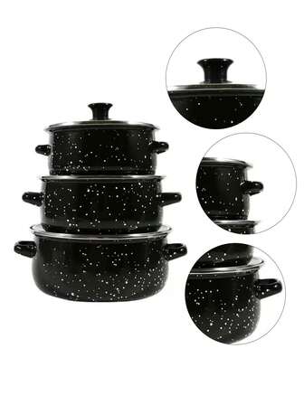 3pcs Multi-Functional Enamel Cookware Set, Lightweight With Glass Lids, Includes Soup Pot, Stew Pot, Non-Stick Pan, Easy To Clean, Suitable For Gas, Electric And Induction Cooktops - Durable Kitchen Essentials For Home And Restaurant Use, Great For Outdoor Camping
