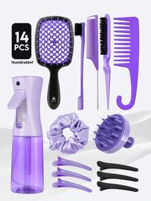 Bộ dụng cụ tạo kiểu tóc xoăn 6/14 món, bao gồm: Lược duỗi tóc, lược răng rỗng, bình xịt, cọ gội đầu, lược răng thưa có móc, lược tạo độ phồng, lược đuôi nhọn, lược chải viền tóc (dành cho viền tóc thô/mịn và tạo kiểu phía sau), phù hợp với các dụng cụ tạo kiểu tóc xoăn tự nhiên và nhiều phụ kiện tóc khác. Sản phẩm thiết yếu cho tiệm làm tóc, salon, du lịch, chăm sóc tóc, phụ kiện tóc. - Đen + Tím - Xem 14