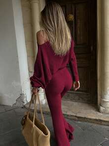 女士休闲长袖上衣和喇叭裤两件套，街头风日常穿搭，春夏款 - 酒紅色 - 查看 3