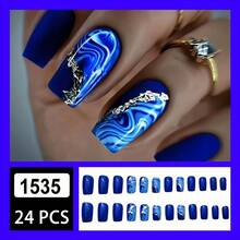 24 Pieces/Box Medium And Short Square Wearing Armor Blue Corrugated Smudged Gold Striped Fake Nail Piece - 1535 - Xem 6