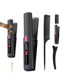 4500mAh Wireless Rechargeable Hair Straightener With LCD Display, 2-In-1 Portable Travel Hair Straightener & Curler, Mini Ceramic Hair Curling Iron, USB Rechargeable Hair Styling Tool, 4500mAh Battery Capacity