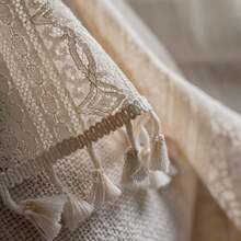 Boho Curtain Crochet Lace Semi-Sheer Florals Hollow Knitted Handmade Tassels, Rod Pocket Window Treatment Vintage Rustic Farmhouse Drapes For Living Bedroom, 1 Panel 59" W X 84" L, Beige - 米色花卉鉤針 59Wx84L 一包 - 查看 8