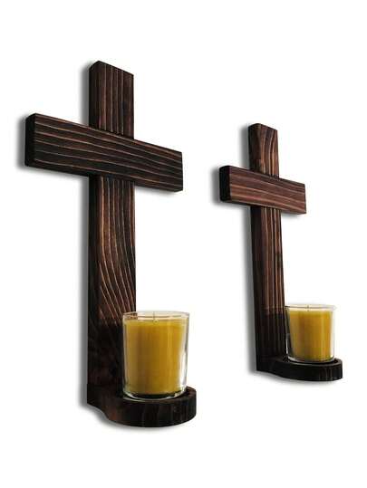 Portavelas de cruz de madera hecho a mano, estilo gótico, decoración de pared gótica, accesorios de decoración de boda montados en la pared, decoración del hogar de otoño para la sala de estar, decoración navideña, estantería de exhibición de cristal de madera, estantería de maceta pequeña montada en la pared, decoración de portavelas montada en la pared para Halloween, decoración de pared para dormitorio, cocina, sala de estar, baño, regalos de decoración de fiesta, decoración de pared de madera
