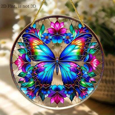 2D flache, runde Acryl-Wandkunst - Lebendiges Schmetterling- und Blumen-Glasmalerei-Design, bunte Sonnenfänger-Aufhängung für Wohnzimmer, Schlafzimmer, Büro - ideales Geburtstags- und Feiertagsgeschenk (20 x 20 cm), Sonnenfänger-Dekoration | Lebendiges Schmetterlings-Design | Beständige Acrylmaterialien, Schmetterlings-Dekoration