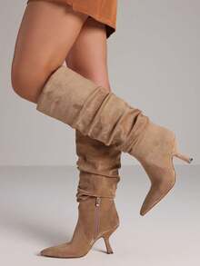Women Kitten Heel Boots Knee High Winter Ruched Slouchy Luxury Pointed Toe Elegant Party Dress Office Lady Shoes - 卡其色絨面 - 查看 3