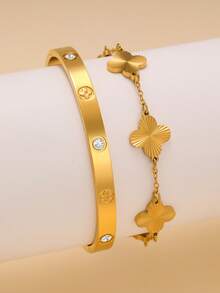 Fashion Textured Clover Stainless Steel Bracelet Set For Women, Suitable For Various Occasions, Couples, Formal Evenings, Parties, Gift - Yellow Gold - View 17
