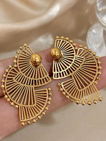 1对复古扇形耳环，几何金色耳钉，不锈钢耳环，女士日常及派对饰品，万圣节及圣诞节礼物