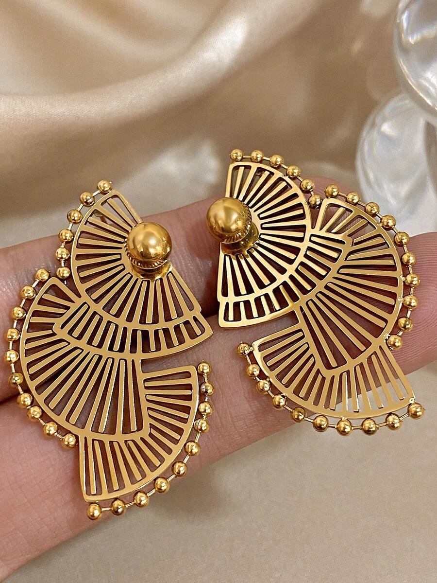 1对复古扇形耳环，几何金色耳钉，不锈钢耳环，女士日常及派对饰品，万圣节及圣诞节礼物 - 彩色 - 查看 1