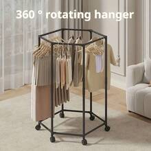 1pc 360° Rotating Floor Standing Garment Rack With Wheels - Sturdy Metal Frame, Space-Saving Portable Design, Suitable For Laundry Room, Boutique Display And Home Storage, 150 Lbs Capacity, Clothes Hanger, Laundry Room Accessory, Modern Aesthetic, Durable Structure