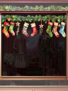Autocollant de fenêtre de chaussettes de Noël, boules de Noël, étoiles, branches de pin, décorations de fête adhésives en PVC avec surface brillante, convient pour le salon, l'entrée, la chambre à coucher, autocollant mural de fête amovible, 1 pièce