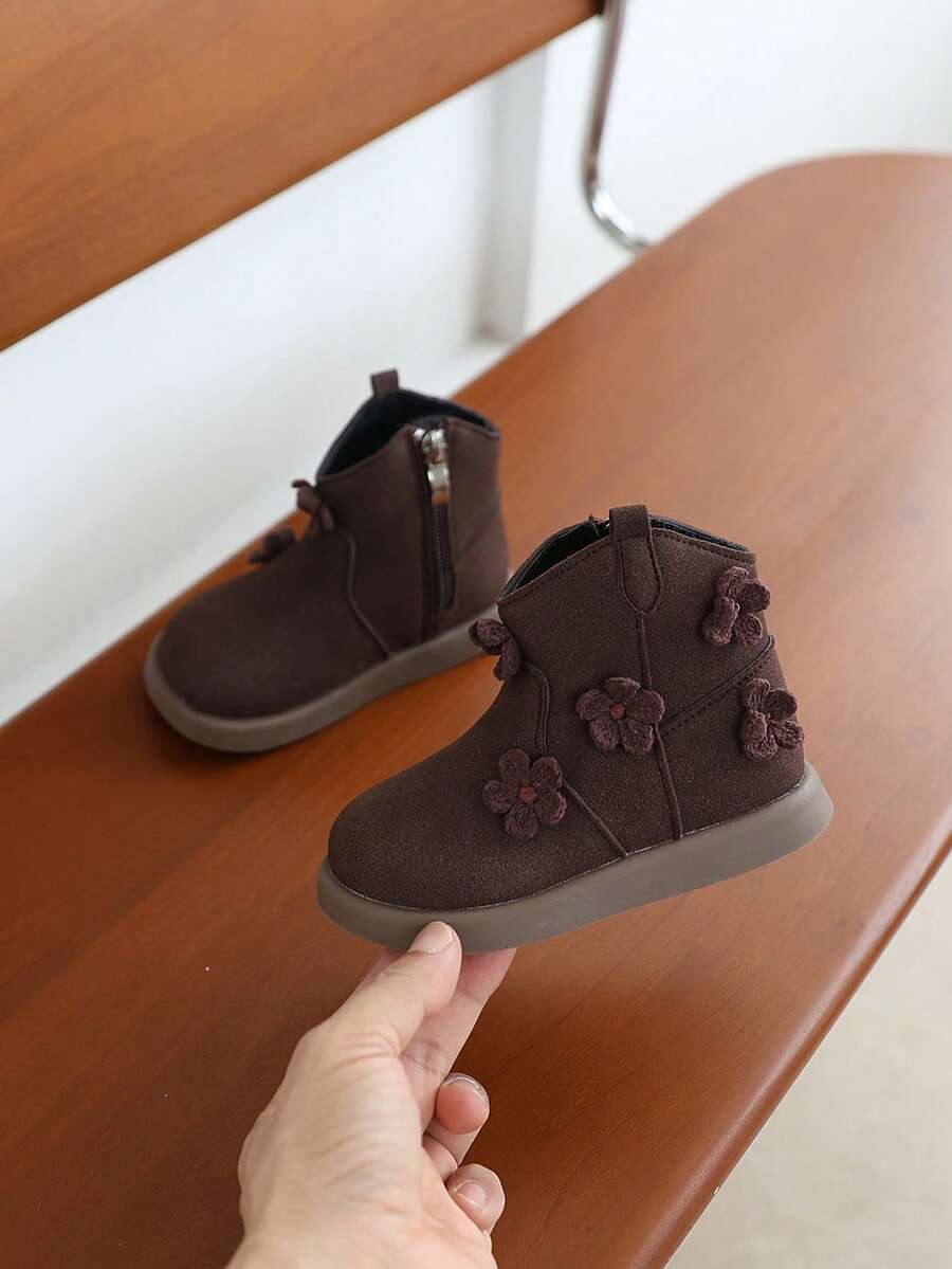 1 双女婴踝靴，可爱花卉图案，全新秋季系列 - 棕色 - 查看 1