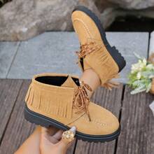 Botas de Cano Médio Retrô com Cadarço, Bico Redondo, Franjas, Sola Plana, Adequadas para Praia, Campus, Casa, Outono/Inverno - Castanho - Visão 14
