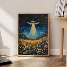 1件，帆布壁挂，带框墙饰，复古太空飞船，UFO野花墙饰，复古花卉油画，花卉外星人信徒墙饰——一份巧妙又时尚的礼物。复古家居装饰，适用于房间装饰、卧室装饰、宿舍装饰、客厅装饰。 - 彩色 - 查看 2