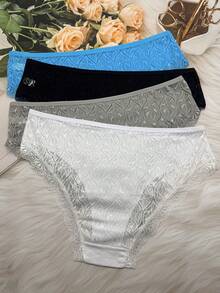 4 piezas de bragas de encaje para mujer, sexy cintura media, melocotón, transparente, alta elasticidad