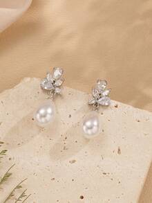 1 对华丽的镀金珍珠和方晶锆石吊坠耳环 - 适合日常佩戴、宴会、聚会、婚礼 - 新娘珍珠耳环