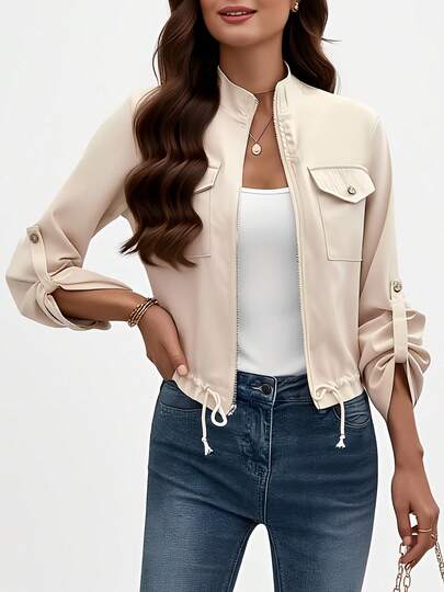 Women Casual Cropped Jackets Full Zip Up Lightweight Solid Color Stand Collar Coat With Pockets