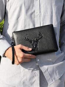 1 件黑色鹰/鹿头图案 PU 皮革手拿包，时尚简约商务风格男士腕包，拉链开合带腕带，可容纳手机、现金、卡，防水防刮，轻巧便携，适合工作、会议、用餐，是送给男士、丈夫、老板、同事的绝佳礼物