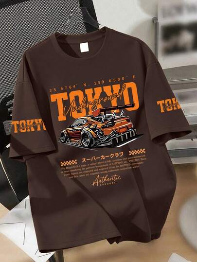 Teen Boys Tokyo Print Graphic Tee, Short Sleeve Car Print, Racing Vibe, Urban Style