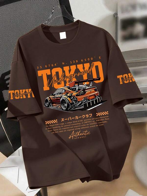 Teen Boys Tokyo Print Graphic Tee, Short Sleeve Car Print, Racing Vibe, Urban Style