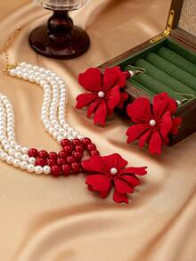 3 件套女士首饰套装，红花三层珍珠项链和耳环套装，波西米亚复古优雅时尚配饰，适合送礼、派对、宴会和日常佩戴 - 紅色 - 查看 5