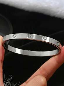 3 Sets Waterproof Luxury Multicolor Cubic Zirconia Bangle, Stainless Steel Open Cuff Bracelet, 18K Gold Plated Fashion Jewelry, Women Jewelry, Gold Jewelry, Women Bracelet Accessories, Women Stainless Steel Jewelry Bracelet - Silver - View 13