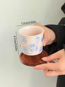 1pc Retro Minimalist Ceramic Coffee Cup & Saucer, Pink Matcha Cup, Coffee Latte Art Wooden Holder, Drinking Cup, Tea Cup, Coffee Cup