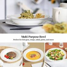 Soup And Pasta Bowls Set Of 4, White Porcelain Wide Rim Salad Plates, 20 Ounces, Microwave Dishwasher