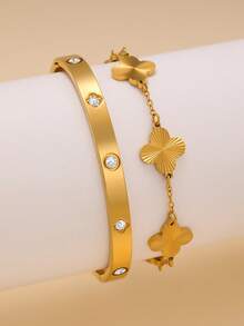 Fashion Textured Clover Stainless Steel Bracelet Set For Women, Suitable For Various Occasions, Couples, Formal Evenings, Parties, Gift - Yellow Gold - View 16