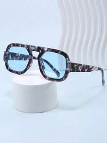 1pc Unisex Tortoise Shell Color Square Frame Double Bridge Pilot Style Fashion Glasses For Vacation Boho Shades Beach Accessories Beach Accessories For Women Glasses Shades Basics Fall Winter Women Outfits Clothes Business Casual Gifts Leopard For Summer Beach Vacation,Outdoor,Travel - 藍色 - 查看 2