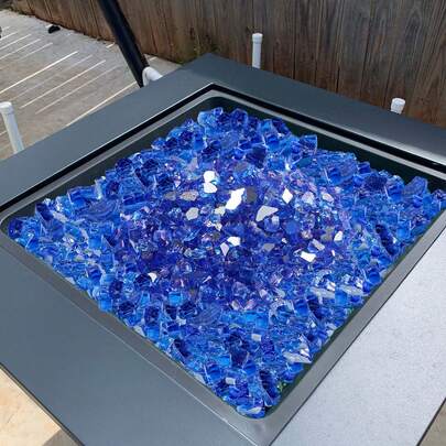 Fire Glass, 10LBS / 4.5KG High-Temperature Resistant Fireplace Rocks, 1/2-Inch / 12.7 Mm Reflective & Smokeless Firepit Glass Rock, High Luster Stone Landscaping For Fire Pit Table, Cobalt Blue