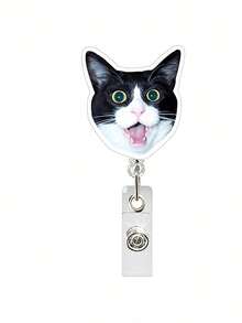 1pc Acrylic Retractable Cat Emoticon Badge Reel, Rotatable ID Card Holder Keychain Clip For Doctor/Nurse,School Supplies,Back To School