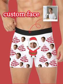 1pc Customized Men's Briefs - Personalized Face & Santa Claus "Merry Christmas" Design, Customized Men's Underwear | Top Birthday/Anniversary Gift, Ideal Boyfriend Gift, Customizable Men's Underwear, Men's Gift, Christmas Gift, Adult Christmas Stocking Stuffer, Thanksgiving, Thoughtful Versatile Gift For Boyfriend - Multicolor - View 1