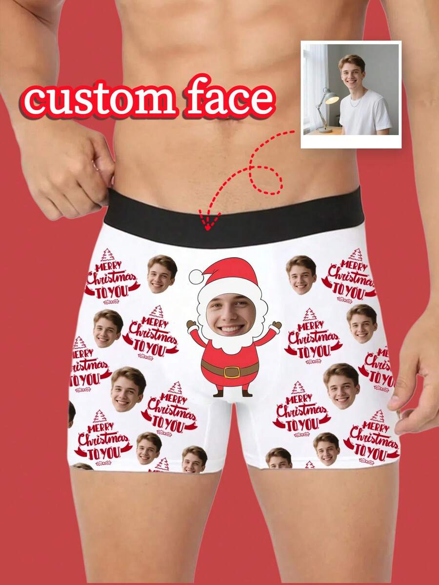 1pc Customized Men's Briefs - Personalized Face & Santa Claus "Merry Christmas" Design, Customized Men's Underwear | Top Birthday/Anniversary Gift, Ideal Boyfriend Gift, Customizable Men's Underwear, Men's Gift, Christmas Gift, Adult Christmas Stocking Stuffer, Thanksgiving, Thoughtful Versatile Gift For Boyfriend - Multicolor - View 1